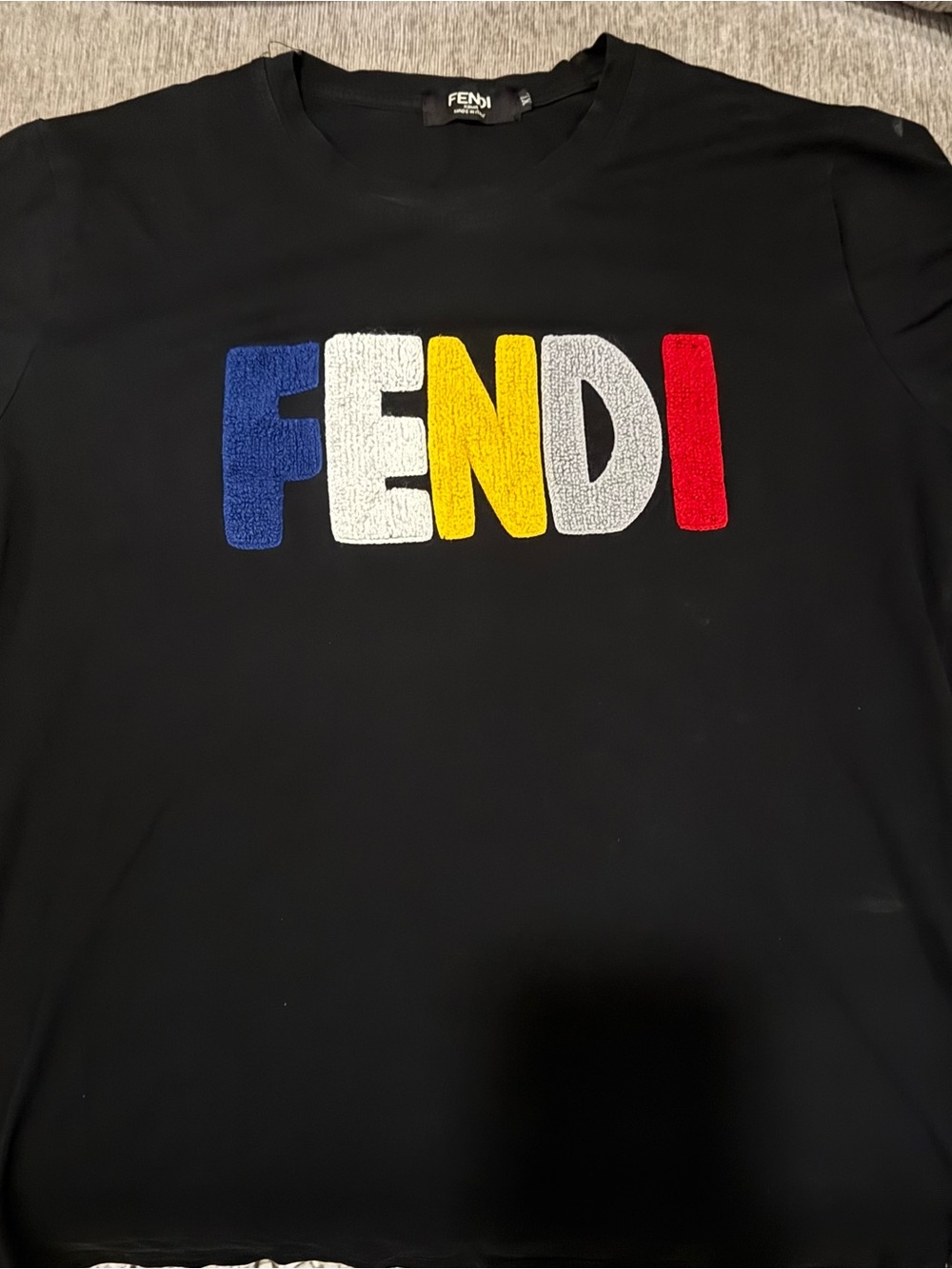 Fendi Black Short Sleeve Crewneck with Multicolor Chenille Logo